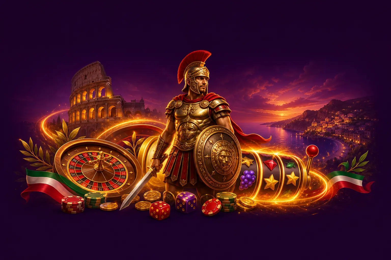 HitnSpin online casino Italy hero scene with glowing slot reels, a roulette wheel and a heroic Roman gladiator warrior, faint Colosseum and Italian coastline silhouette at dusk, warm golden glow, subtle green white and red Italian flag accents